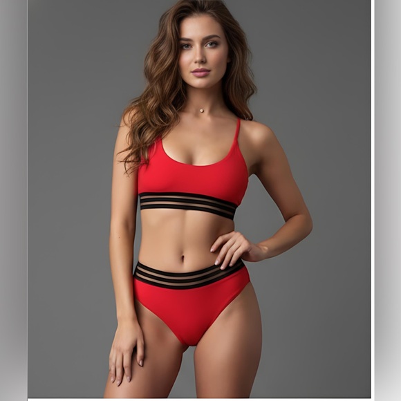 Other - Red Contrast Mesh High Waisted Bikini Swimsuit
